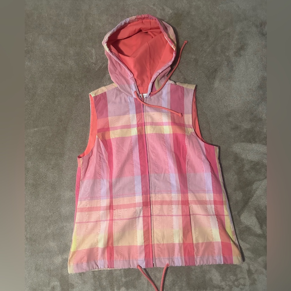 Christopher & Banks Plaid Hooded Vest - Pink and Yellow